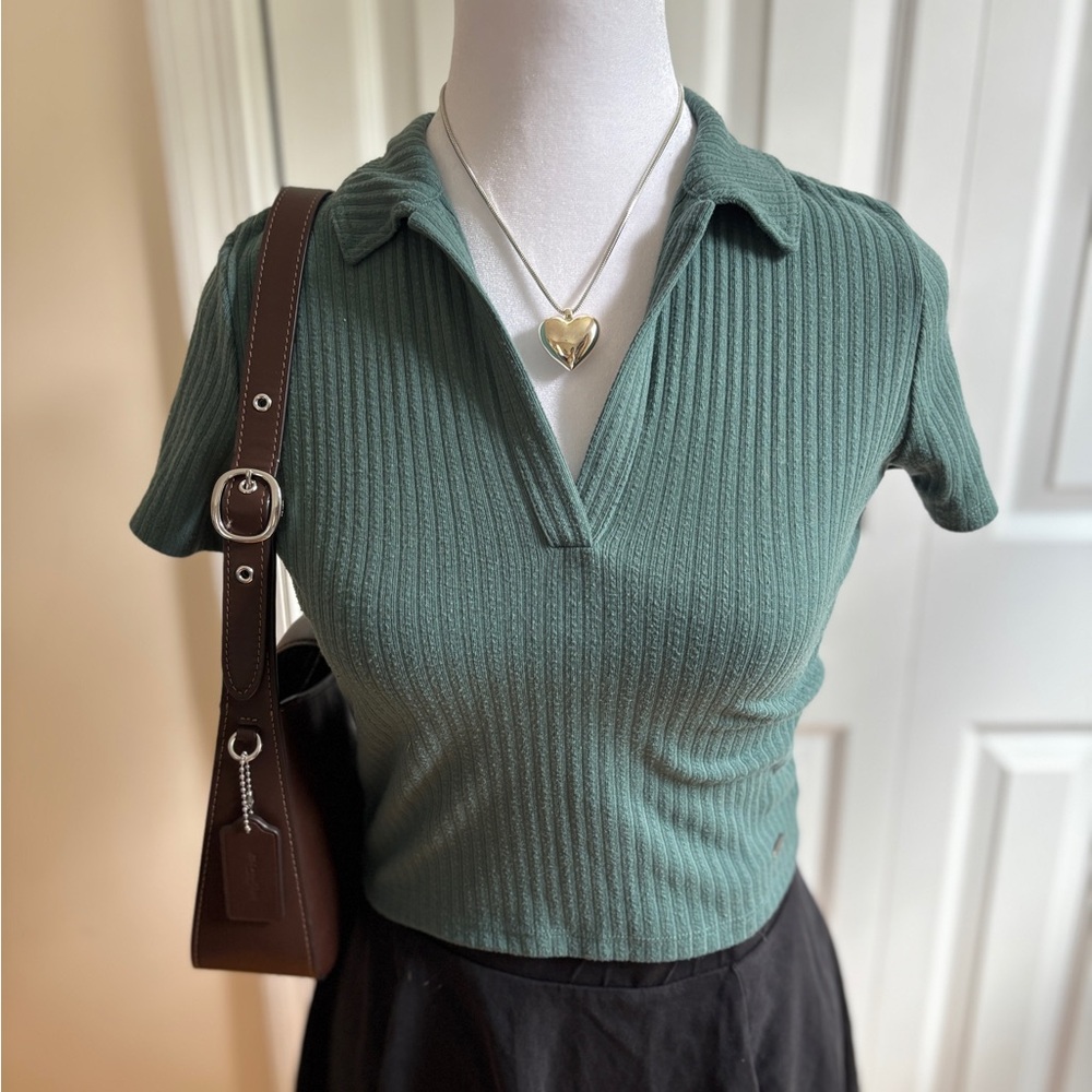 Hollister Ribbed Teal Polo Collar Top